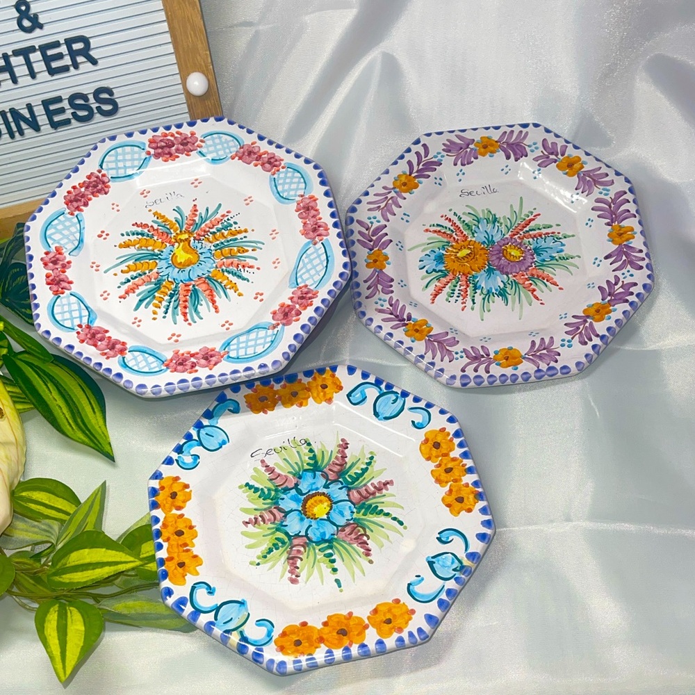 Set of 3 Hand-Painted Sevilla Spain Plates – Hecho a Mano – Octagon Floral
